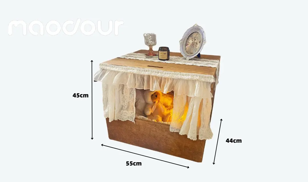Curtained lift-top wooden pet house styled as a side table
